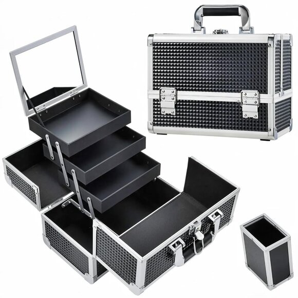 New 11.8In Shiny Black Makeup Case, 3-Tray Lockable Organizer with Mirror & Lid - Picture 1 of 6